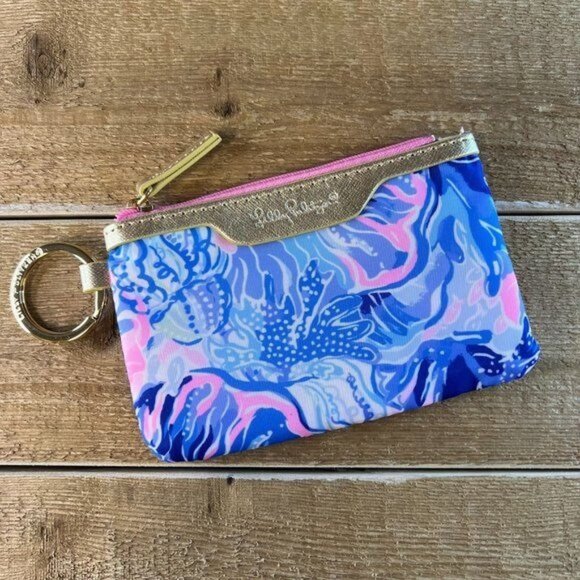NEW Lilly Pulitzer ID Case Wallet Pink Blue Zip Gold Tone Keychain Card Holder - Picture 1 of 5